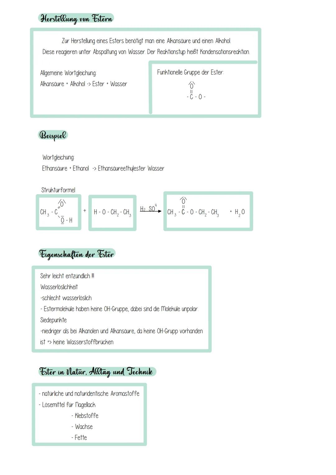 # Herstellung von Estern

Zur Herstellung eines Esters benötigt man eine Alkansäure und einen Alkohol
Diese reagieren unter Abspaltung von W