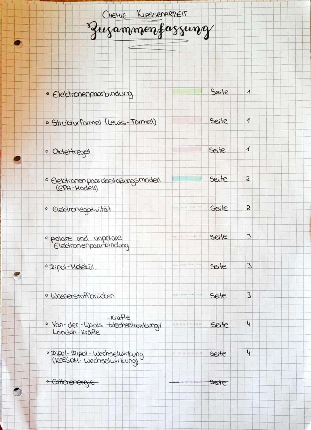 ●
• Elektronenpaarbindung
• Strukturformel (Lewis-Formel)
O
CHEMIE KLASSENARBEIT
Zusammenfassung
O
• Elektronen paarabstoßungsmodell
(EPA-Mo