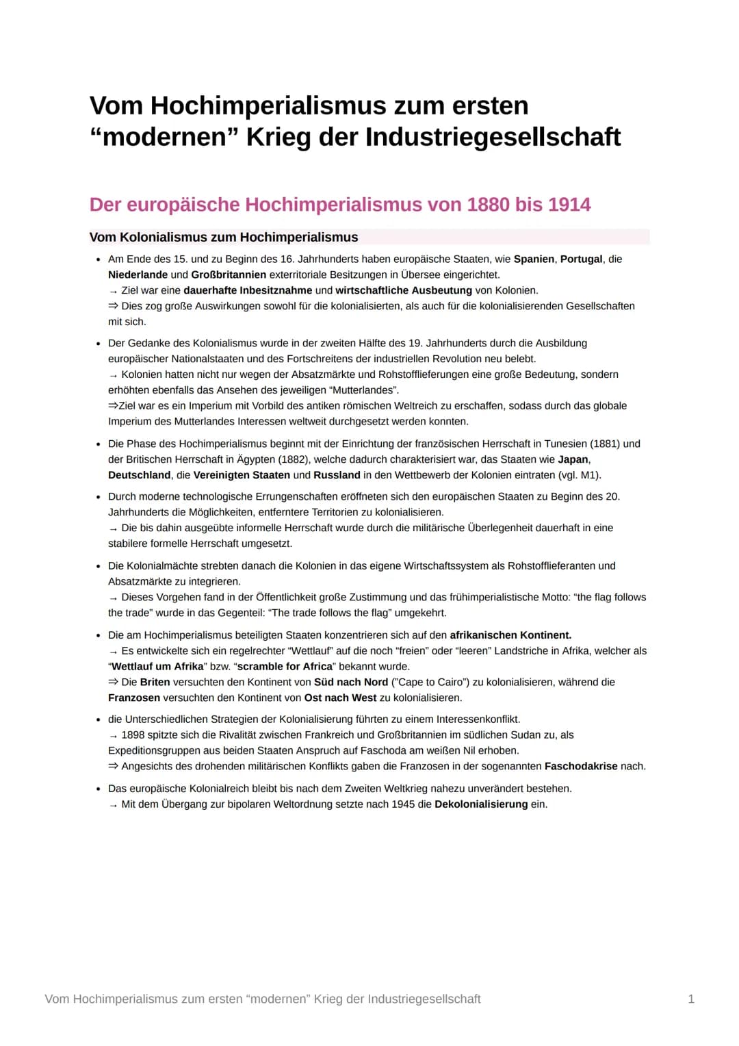 Vom Hochimperialismus zum ersten
"modernen" Krieg der Industriegesellschaft
Der europäische Hochimperialismus von 1880 bis 1914
Vom Kolonial