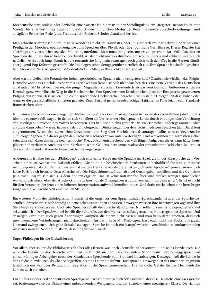 Aufgabe: Recherchiere die Begriffe und trage eine kurze Definition, ggf. mit einem Beispiel, ein.
Standardsprache/ Die Standardsprache oder 