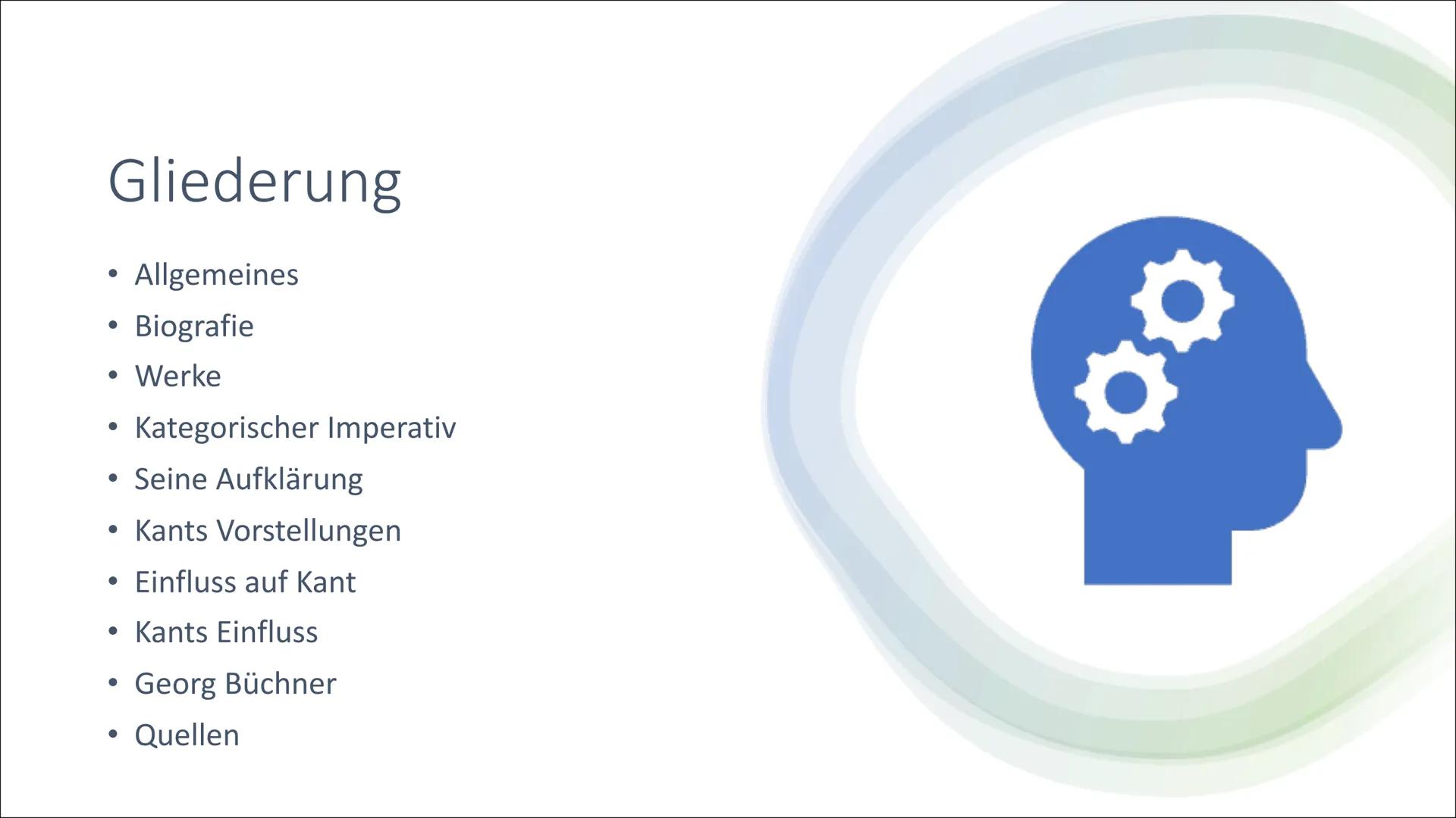 # Immanuel Kant

Laura Nußbaum Gliederung

• Allgemeines
• Biografie
• Werke
• Kategorischer Imperativ
• Seine Aufklärung
• Kants Vorstellun