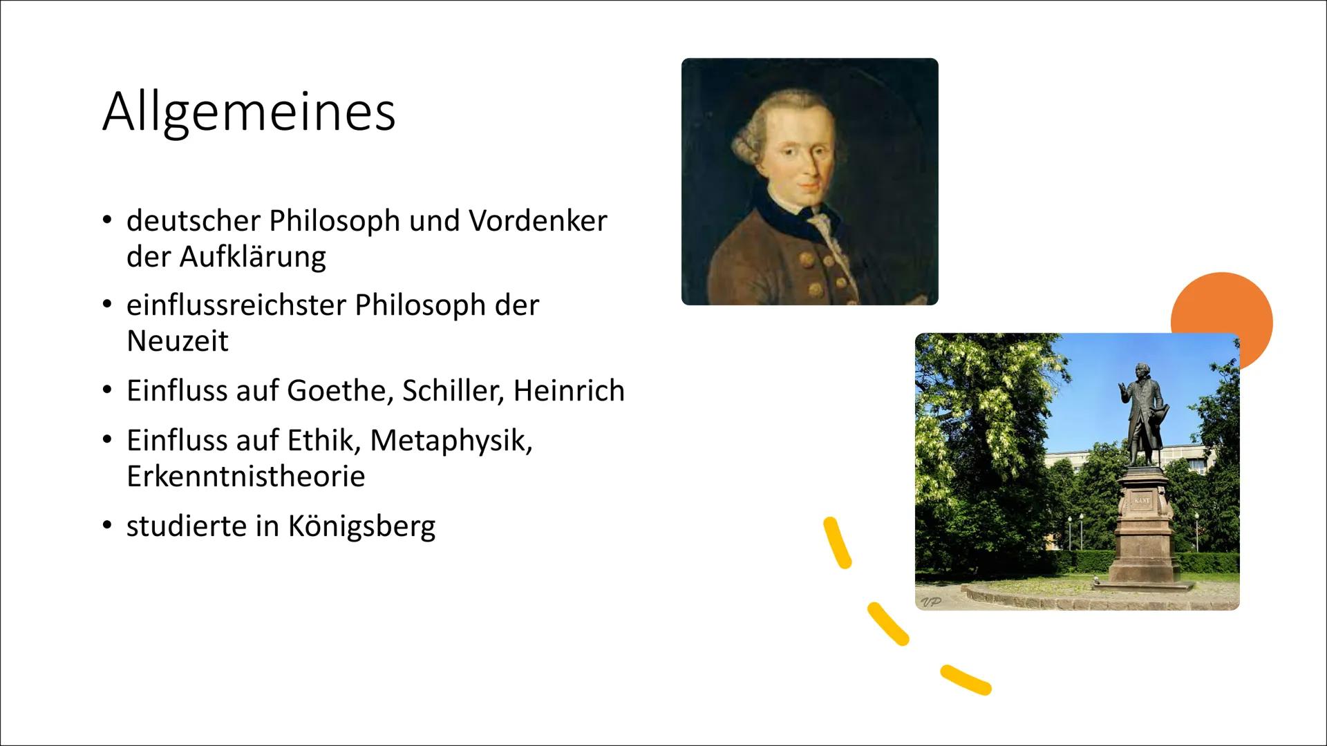 # Immanuel Kant

Laura Nußbaum Gliederung

• Allgemeines
• Biografie
• Werke
• Kategorischer Imperativ
• Seine Aufklärung
• Kants Vorstellun