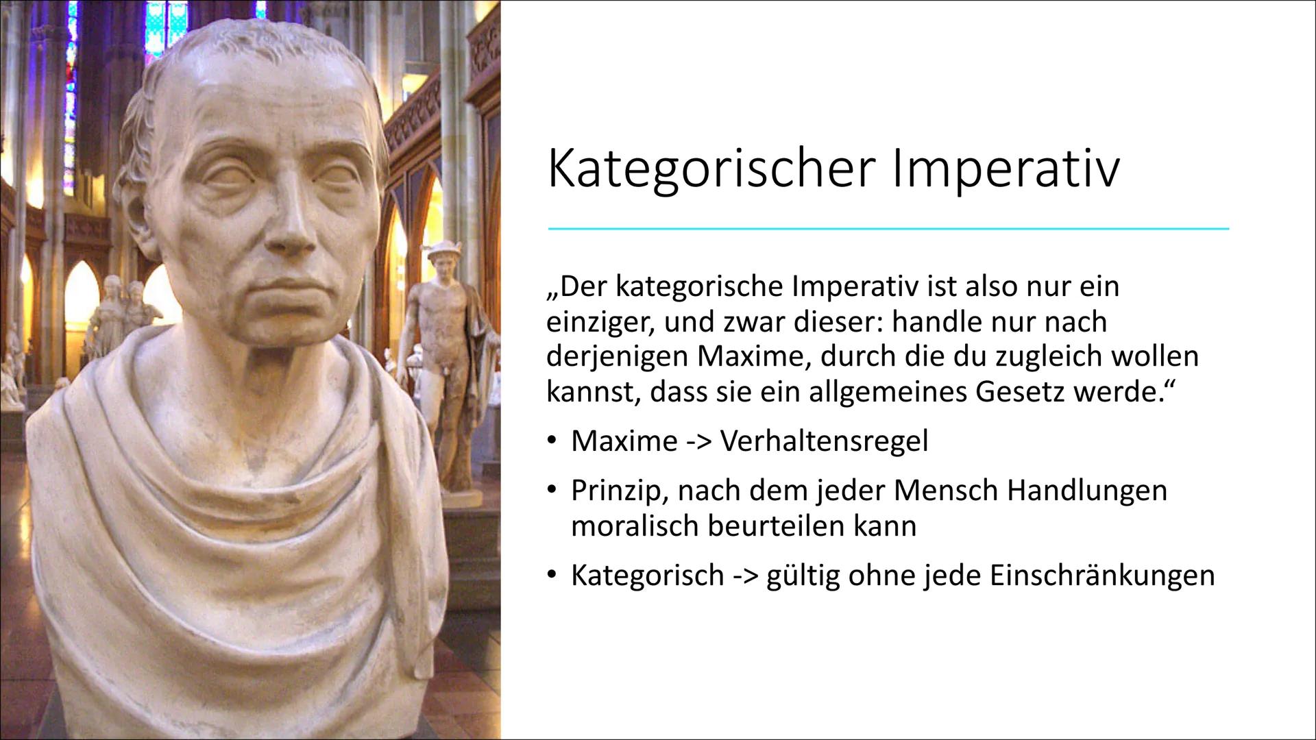 # Immanuel Kant

Laura Nußbaum Gliederung

• Allgemeines
• Biografie
• Werke
• Kategorischer Imperativ
• Seine Aufklärung
• Kants Vorstellun