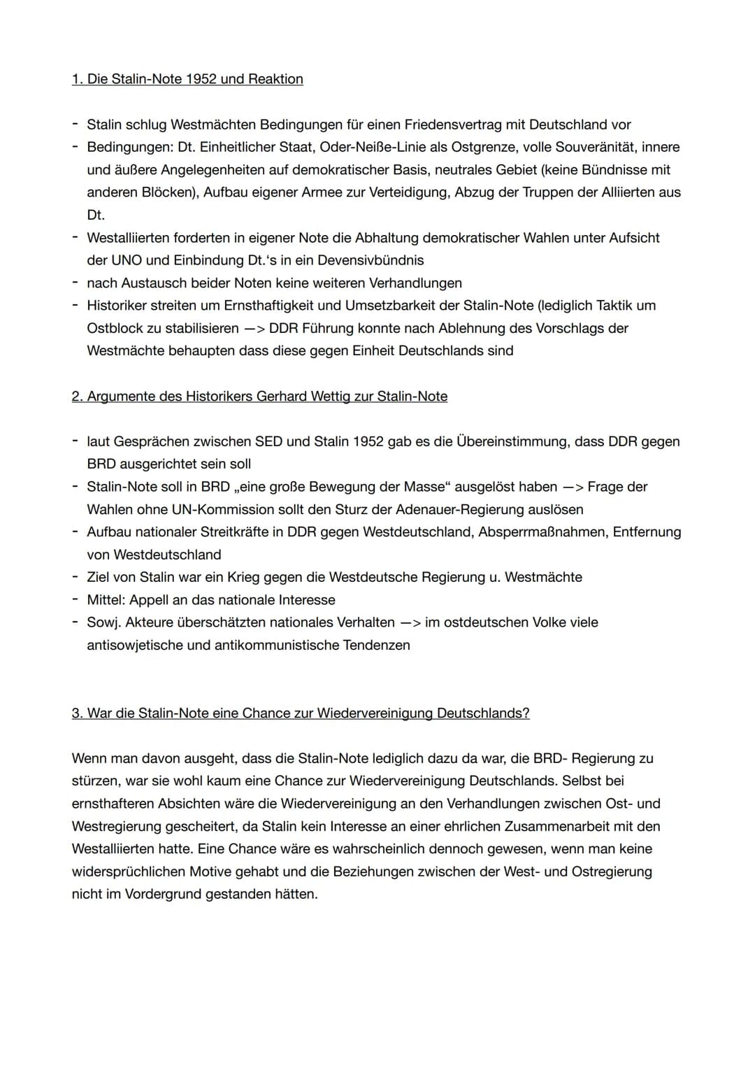 1. Die Stalin-Note 1952 und Reaktion
-
-
Stalin schlug Westmächten Bedingungen für einen Friedensvertrag mit Deutschland vor
Bedingungen: Dt