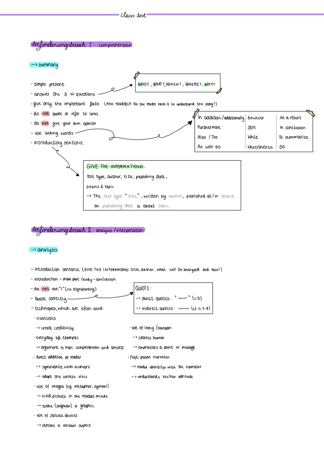 Anforderungsbereich I
-> summary
- Simple present
- answer the 5 W-questions
-> analysis
-give only the important facts (ASK YOURSELF. Do th