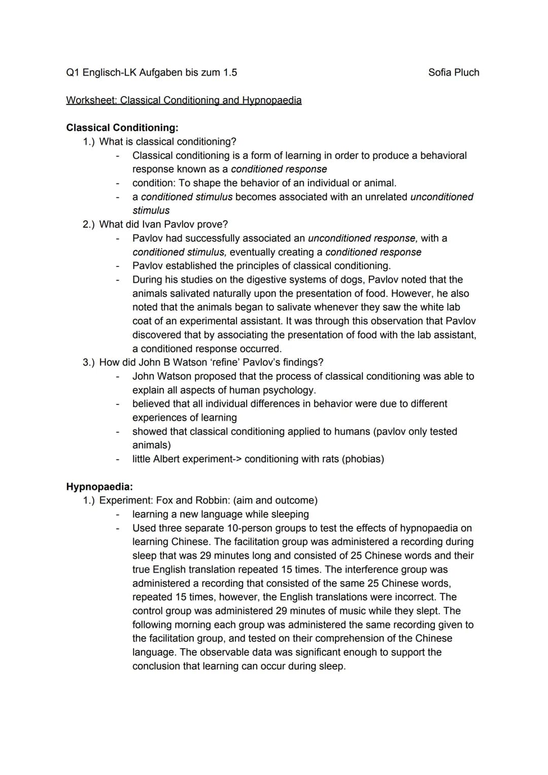 Q1 Englisch-LK Aufgaben bis zum 1.5
Worksheet: Classical Conditioning and Hypnopaedia
Classical Conditioning:
1.) What is classical conditio