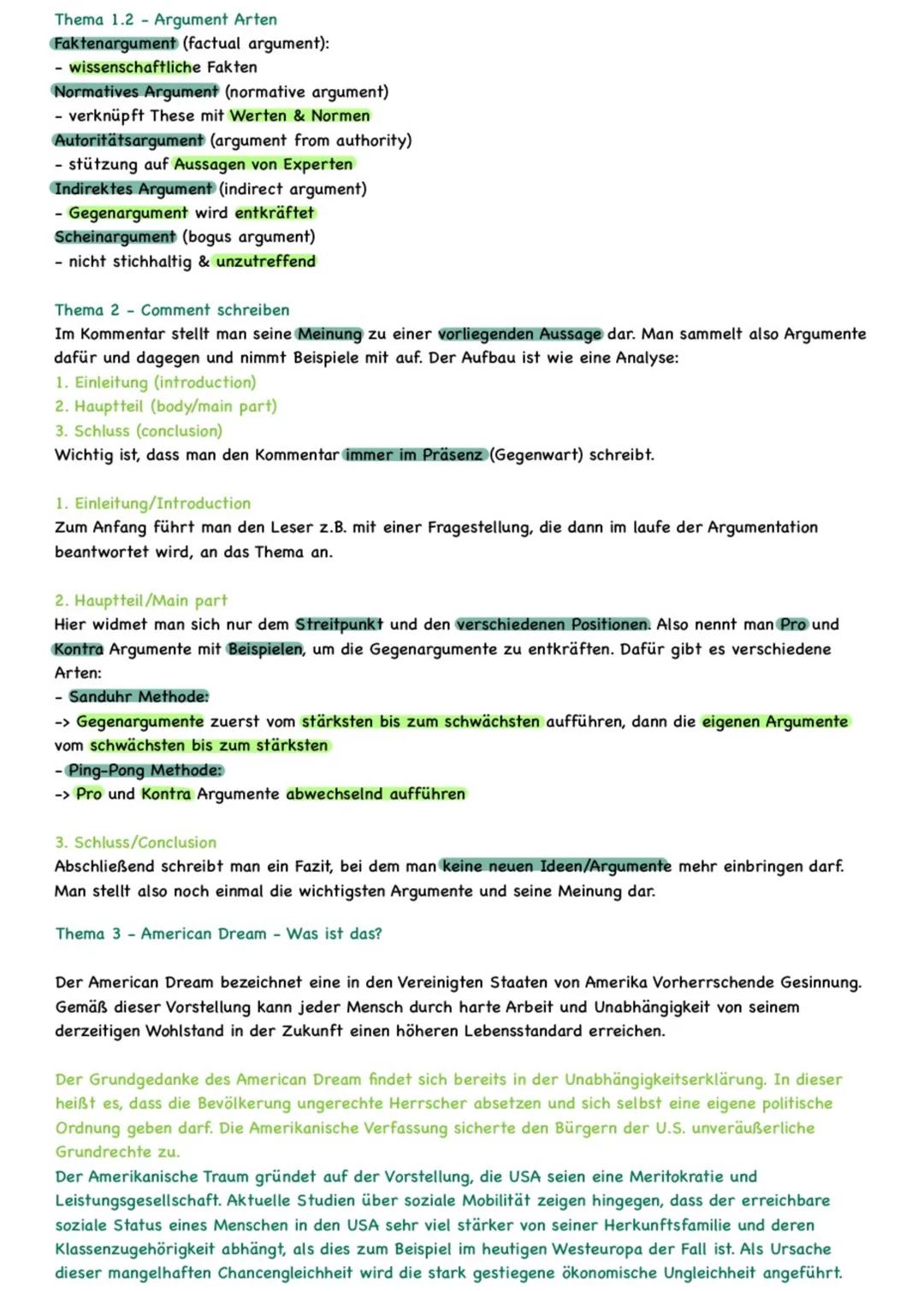 The American Dream Lernzettel, Zusammenfassung
Themen:
1. Speech analysis
1.2. Argument Arten
2. Comment schreiben
3. American Dream - Was i