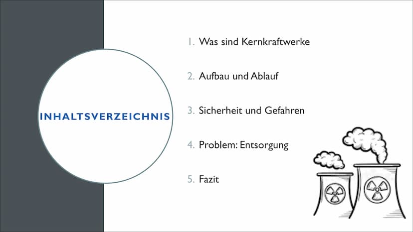 KERNKRAFTWERKE
eine Präsentation von Linus und Jana im Fach Physik INHALTSVERZEICHNIS
1. Was sind Kernkraftwerke
2. Aufbau und Ablauf
3. Sic
