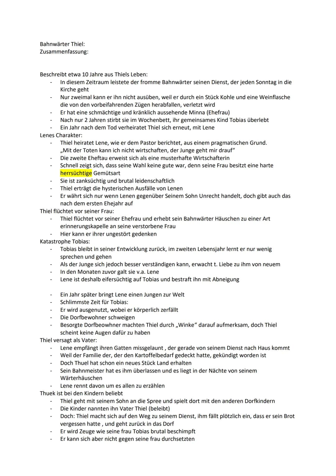 Bahnwärter Thiel:
Zusammenfassung:
Beschreibt etwa 10 Jahre aus Thiels Leben:
In diesem Zeitraum leistete der fromme Bahnwärter seinen Diens