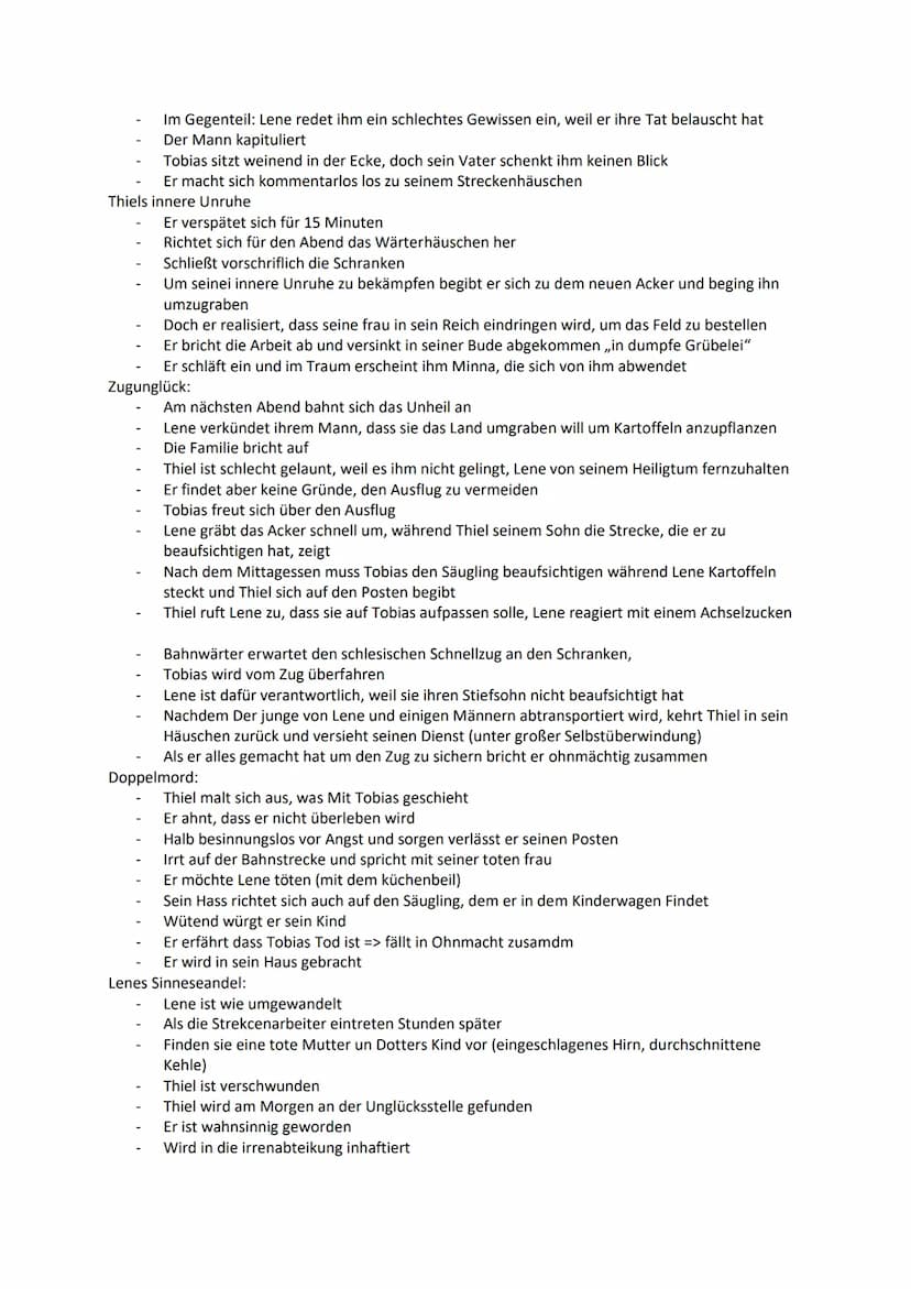 Bahnwärter Thiel:
Zusammenfassung:
Beschreibt etwa 10 Jahre aus Thiels Leben:
In diesem Zeitraum leistete der fromme Bahnwärter seinen Diens