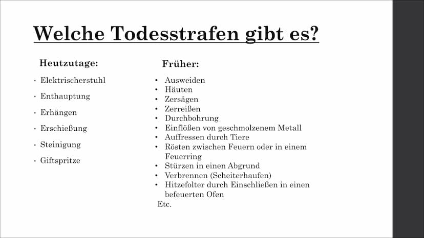 Todesstrafe
Eine Präsentation von Liana Neumann Gliederung
I. Welche Todesstrafen gibt es?
II. Gründe einer Todesstrafe
III. Wo gibt es noch
