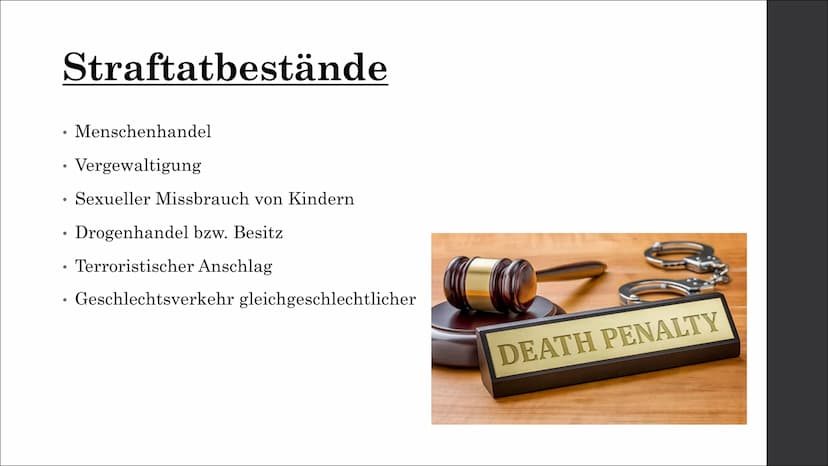 Todesstrafe
Eine Präsentation von Liana Neumann Gliederung
I. Welche Todesstrafen gibt es?
II. Gründe einer Todesstrafe
III. Wo gibt es noch