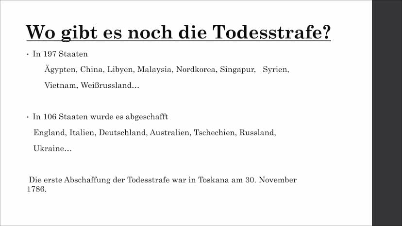Todesstrafe
Eine Präsentation von Liana Neumann Gliederung
I. Welche Todesstrafen gibt es?
II. Gründe einer Todesstrafe
III. Wo gibt es noch