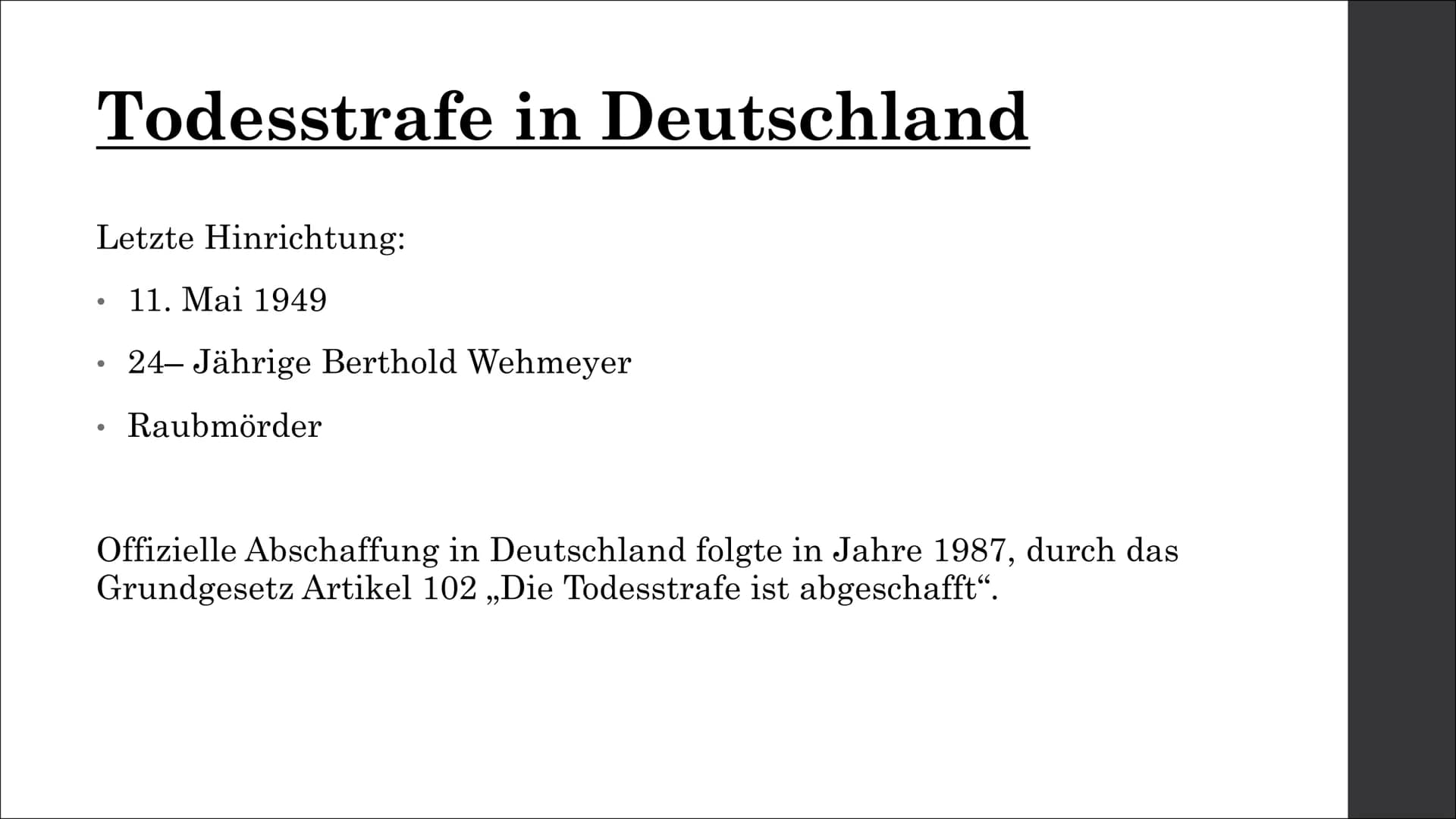 Todesstrafe
Eine Präsentation von Liana Neumann Gliederung
I. Welche Todesstrafen gibt es?
II. Gründe einer Todesstrafe
III. Wo gibt es noch