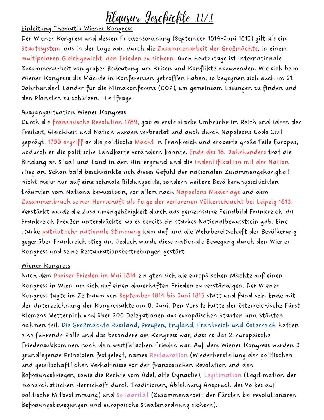 Klausur Geschichte 11 Wiener Kongress und Deutscher Bund