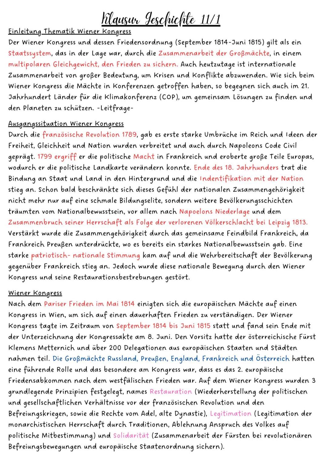 Klausur Jeschichte 11/1
Einleitung Thematik Wiener Kongress
Der Wiener Kongress und dessen Friedensordnung (September 1814-Juni 1815) gilt a