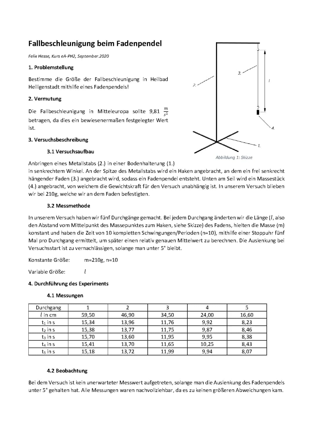 Fallbeschleunigung am Fadenpendel - Protokoll
