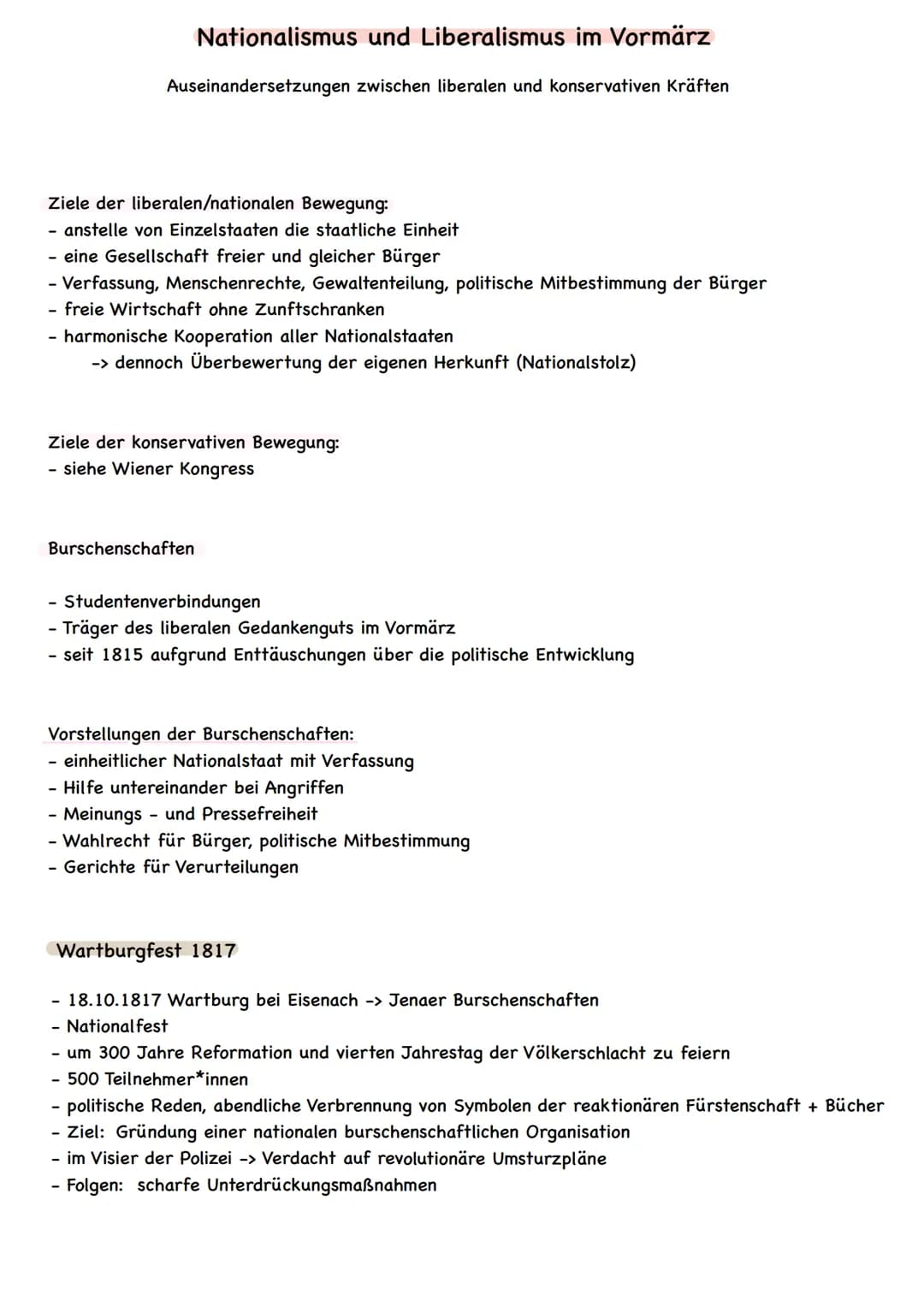 Nationalismus und Liberalismus im Vormärz
Auseinandersetzungen zwischen liberalen und konservativen Kräften
Ziele der liberalen/nationalen B