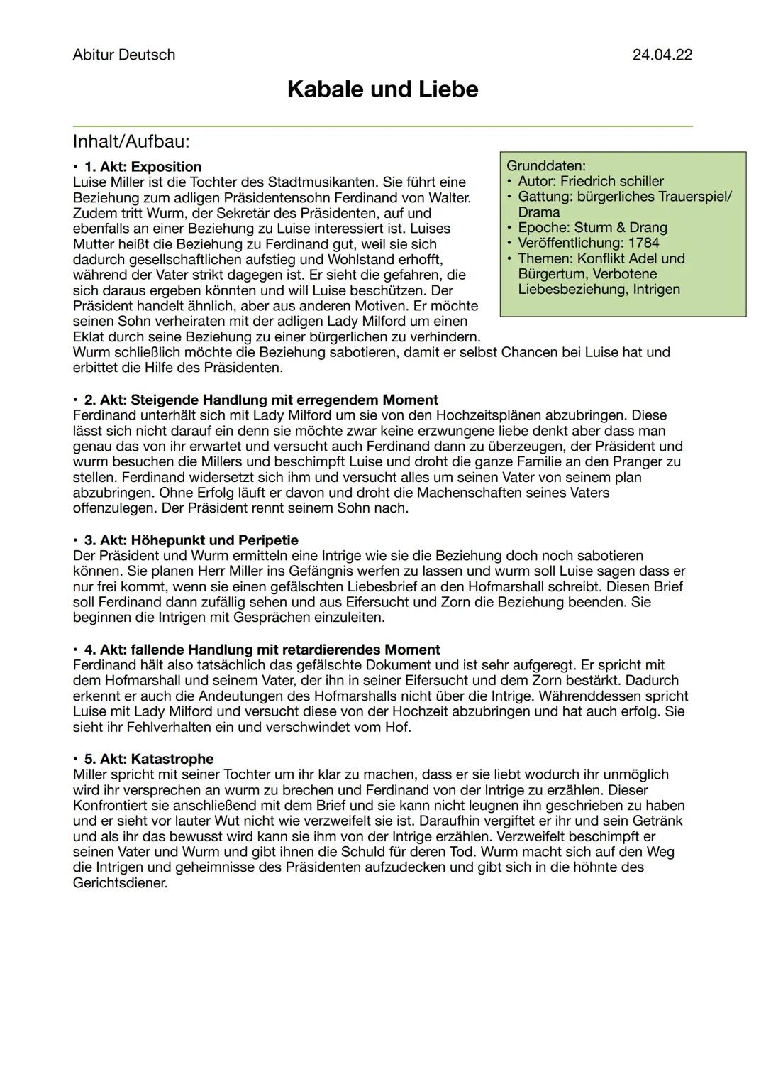 Abitur Deutsch

24.04.22

Kabale und Liebe

Inhalt/Aufbau:

- 1. Akt: Exposition

Luise Miller ist die Tochter des Stadtmusikanten. Sie führ