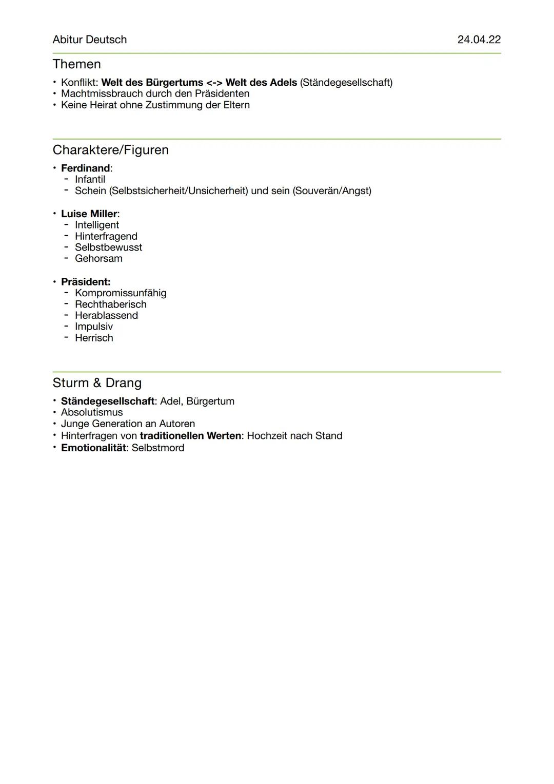 Abitur Deutsch

24.04.22

Kabale und Liebe

Inhalt/Aufbau:

- 1. Akt: Exposition

Luise Miller ist die Tochter des Stadtmusikanten. Sie führ