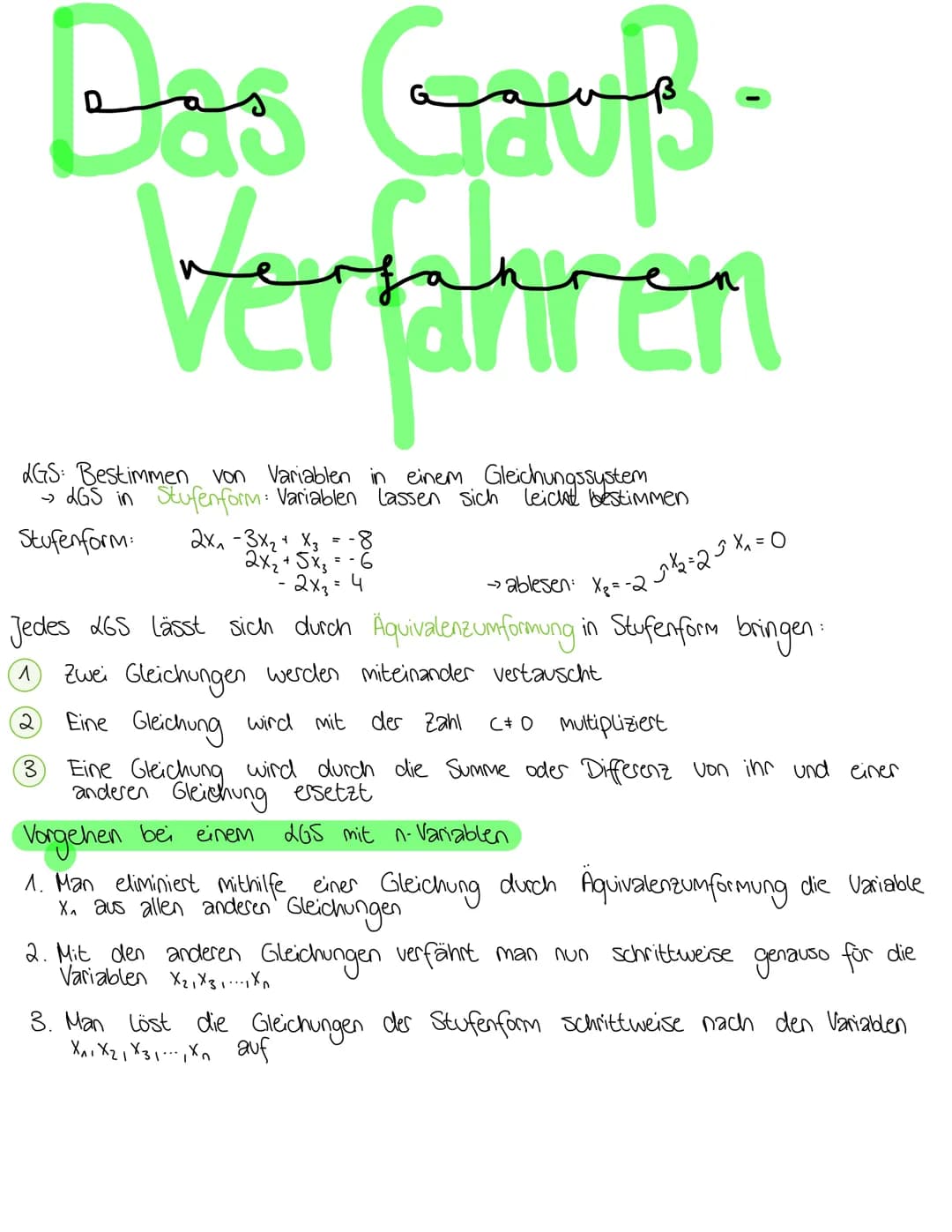 Das Gauß.
Verfahren
LGS: Bestimmen von Variablen in einem Gleichungssystem
→→GS in Stufenform: Variablen lassen sich leicht bestimmen
Stufen