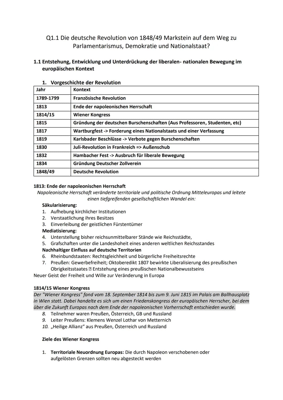 Geschichte ABI - 02.05.2023
Lernzettel Q1-Q3 von Alexa Chen Themenübersicht
Q1.1 Die deutsche Revolution von 1848/49 Markstein auf dem Weg z