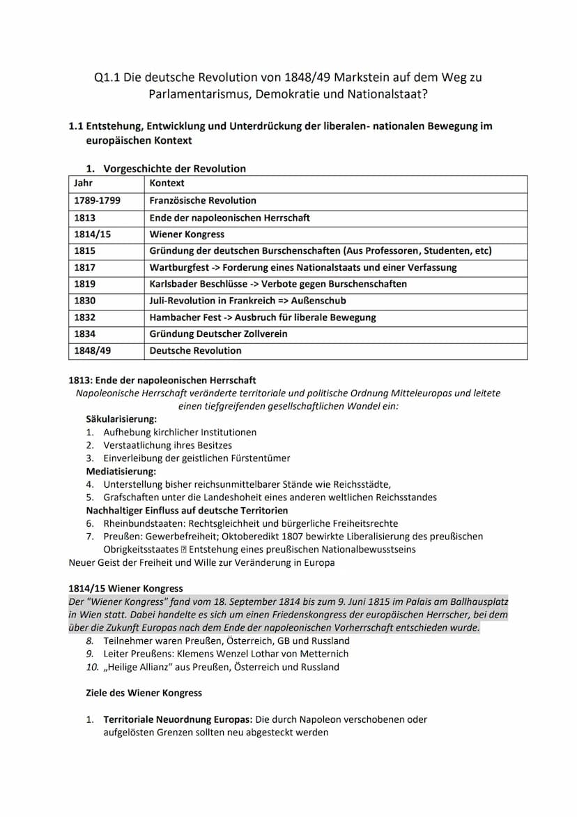Geschichte ABI - 02.05.2023
Lernzettel Q1-Q3 von Alexa Chen Themenübersicht
Q1.1 Die deutsche Revolution von 1848/49 Markstein auf dem Weg z