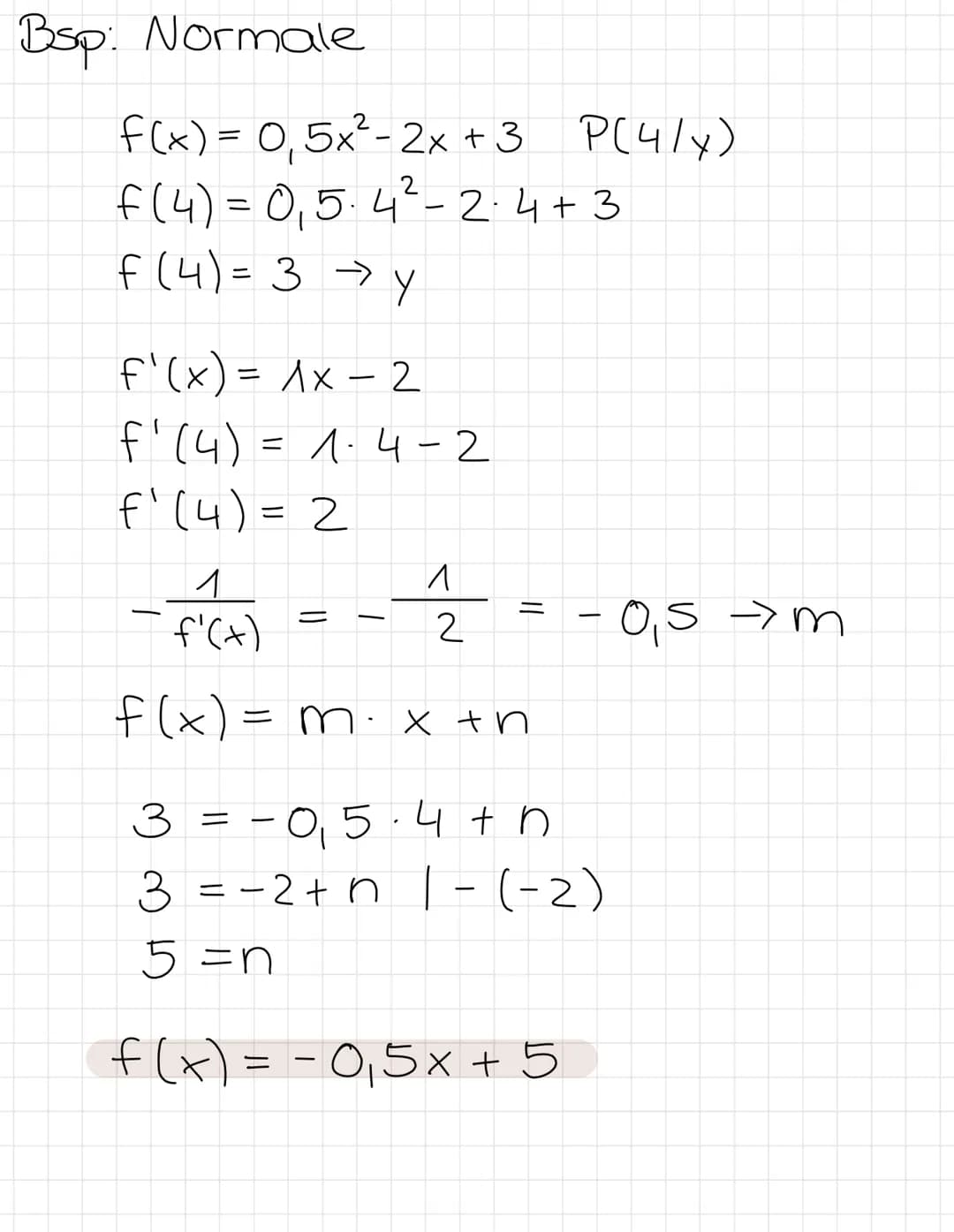 Bsp: Tangente
f(x) = 0,5x² - 2x +3 P(4/x)
f(4) = 0,5-4² - 2.4+3
F (4) = 3 → Y
f'(x) = 1 x - 2
f₁ (4) = 1-4-2
m
f¹ (4) = 2
f(x) = m・ x + n
3=