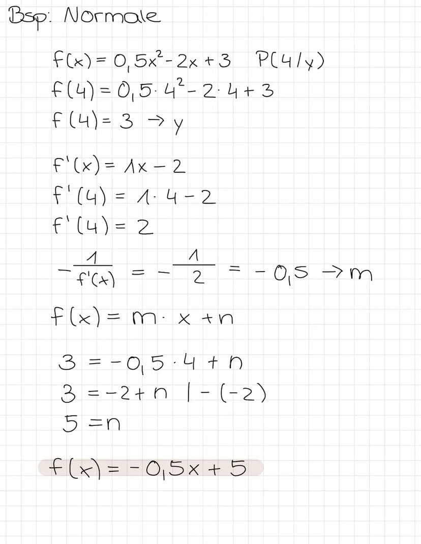 Bsp: Tangente
f(x) = 0,5x² - 2x +3 P(4/x)
f(4) = 0,5-4² - 2.4+3
F (4) = 3 → Y
f'(x) = 1 x - 2
f₁ (4) = 1-4-2
m
f¹ (4) = 2
f(x) = m・ x + n
3=