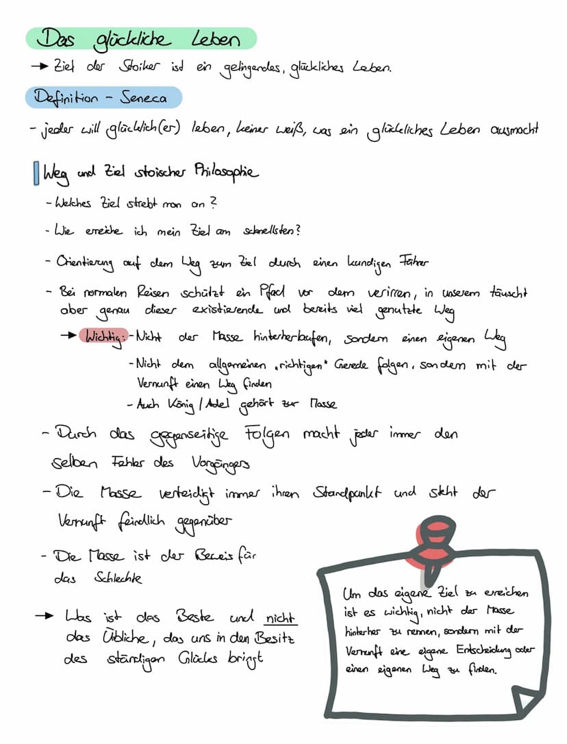 Das glückliche Leben
Ziel der Stoiker ist ein gelingendes, glückliches Leben.
Definition - Seneca
- jeder will glücklich (es) leben, keiner 
