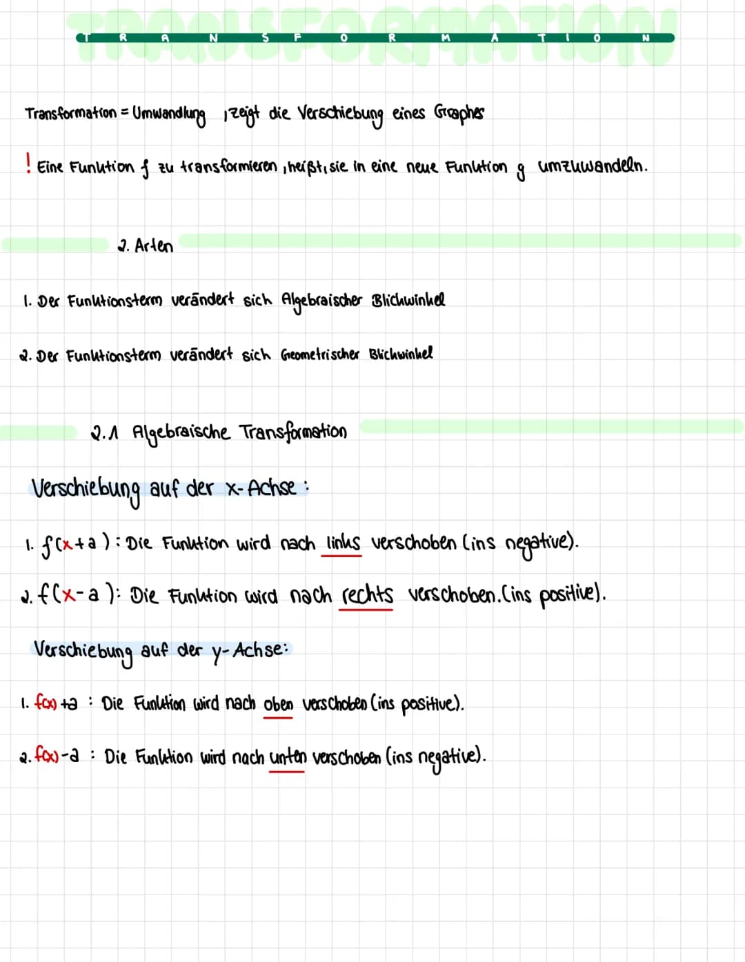 A
N
2. Arten
O
Transformation = Umwandlung zeigt die Verschiebung eines Graphes
Eine Funktion f zu transformieren, heißt, sie in eine neue F