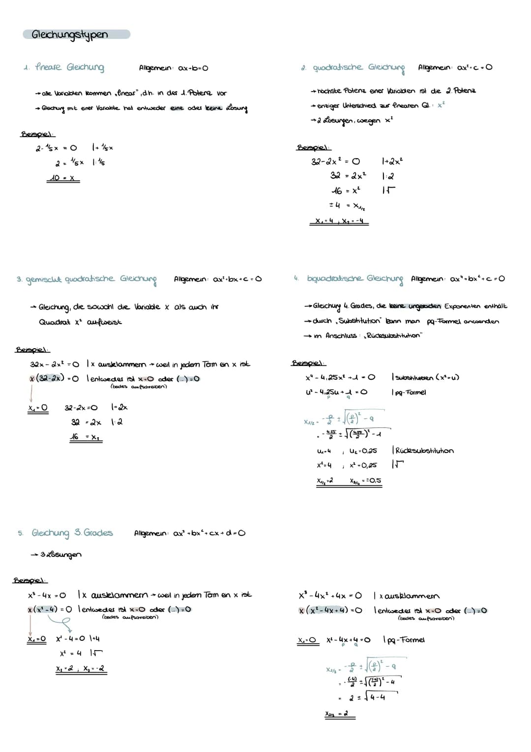 Gleichungstypen
1. Pineare Gleichung
→ alle Variablen kommen,fineas", d.h. in der 1. Potenz vor
→ Gleichung mit einer Variable hat entweder 