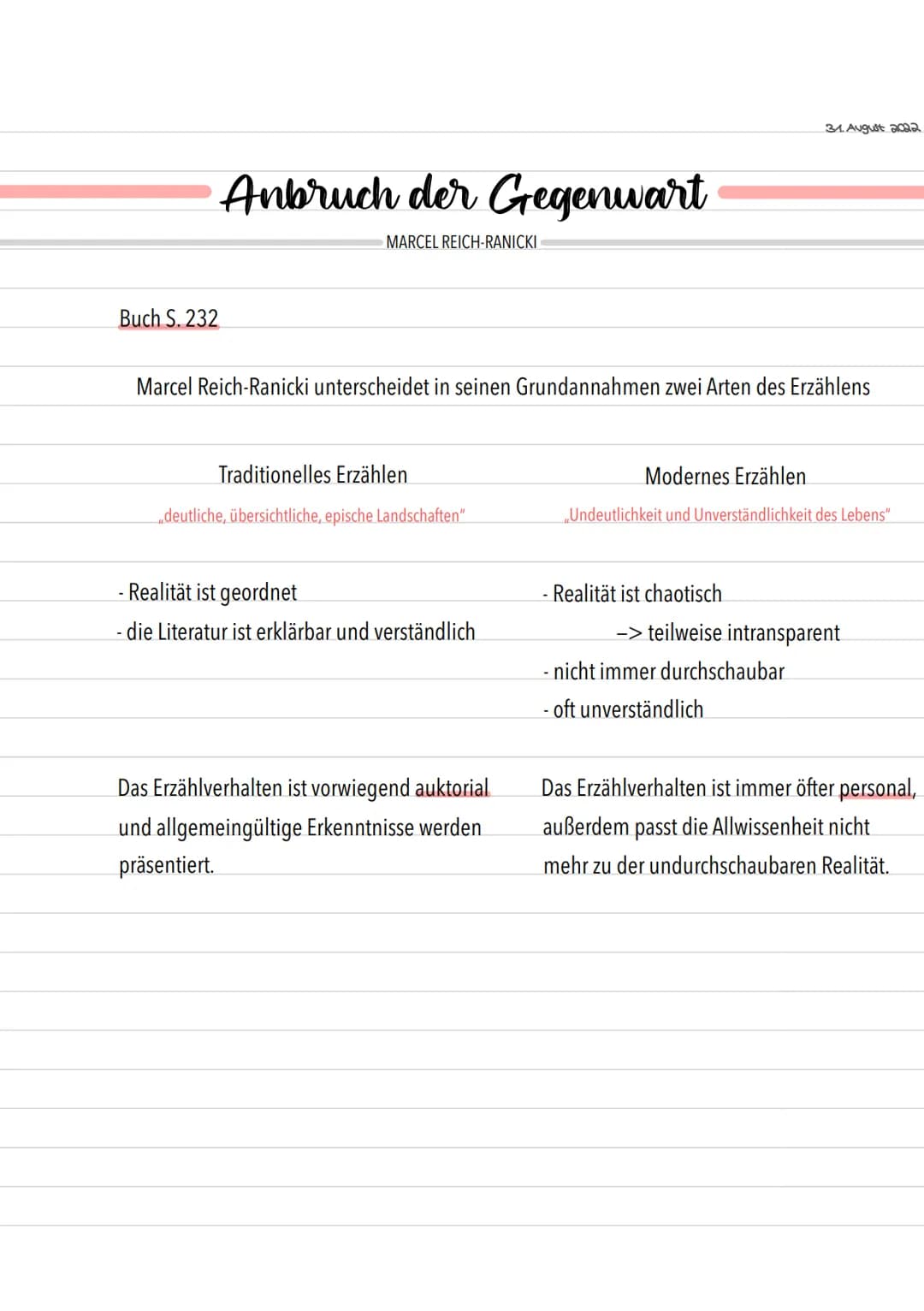 Buch S. 232
Anbruch der Gegenwart
MARCEL REICH-RANICKI
Marcel Reich-Ranicki unterscheidet in seinen Grundannahmen zwei Arten des Erzählens
T