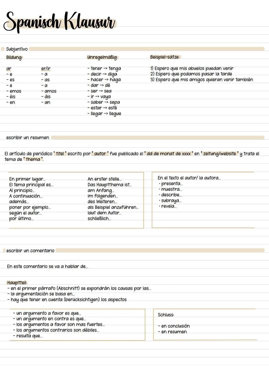Spanisch Klausur
Subjuntivo
Bildung:
ar
- e
- es
e
- emos
- éis
- en
er/ir
·a
- as
- a
- amos
- áis
- an
escribir un resumen
En primer lugar