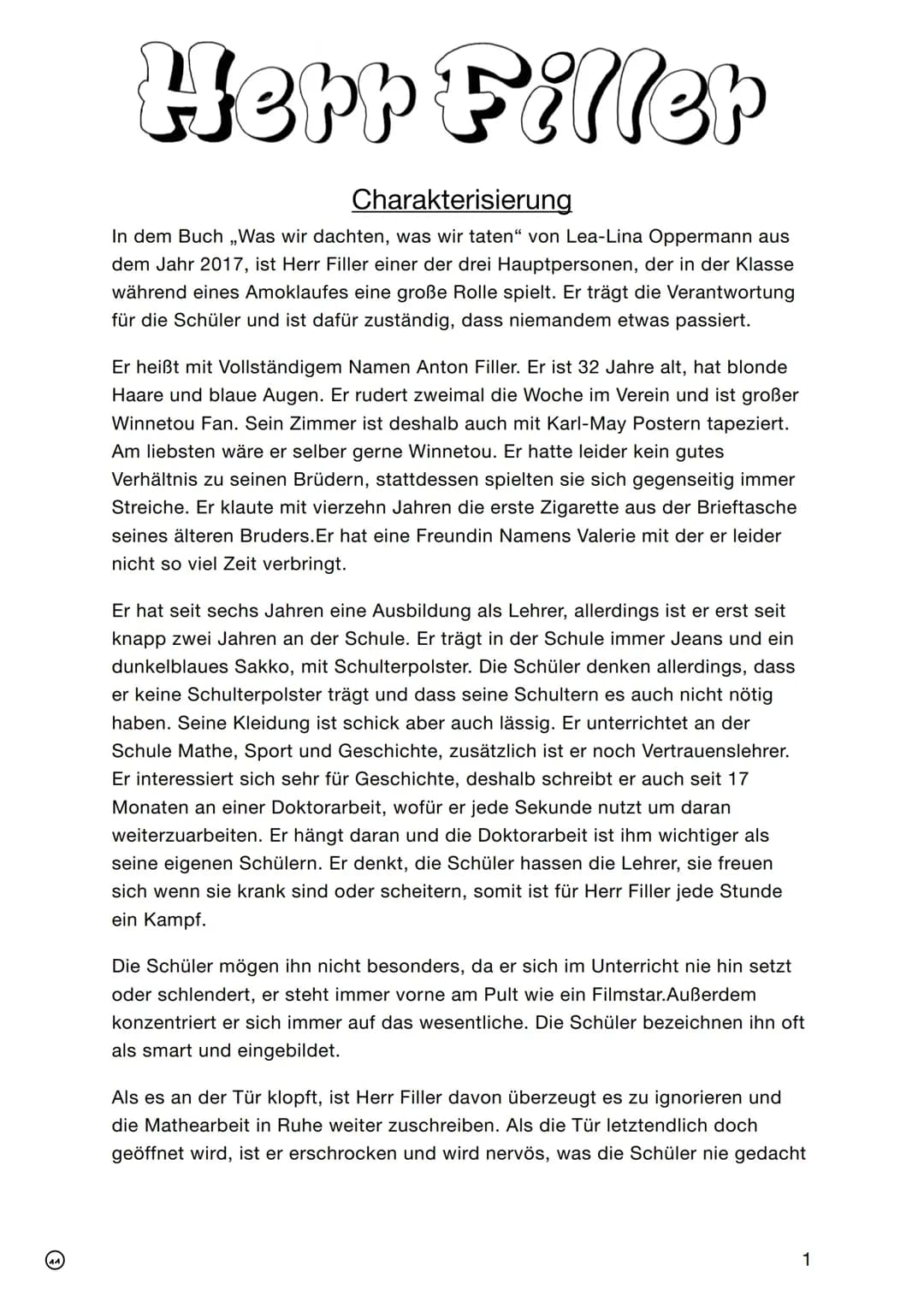 Charakterisierung Herr Filler „ Was wir dachten, was wir taten“