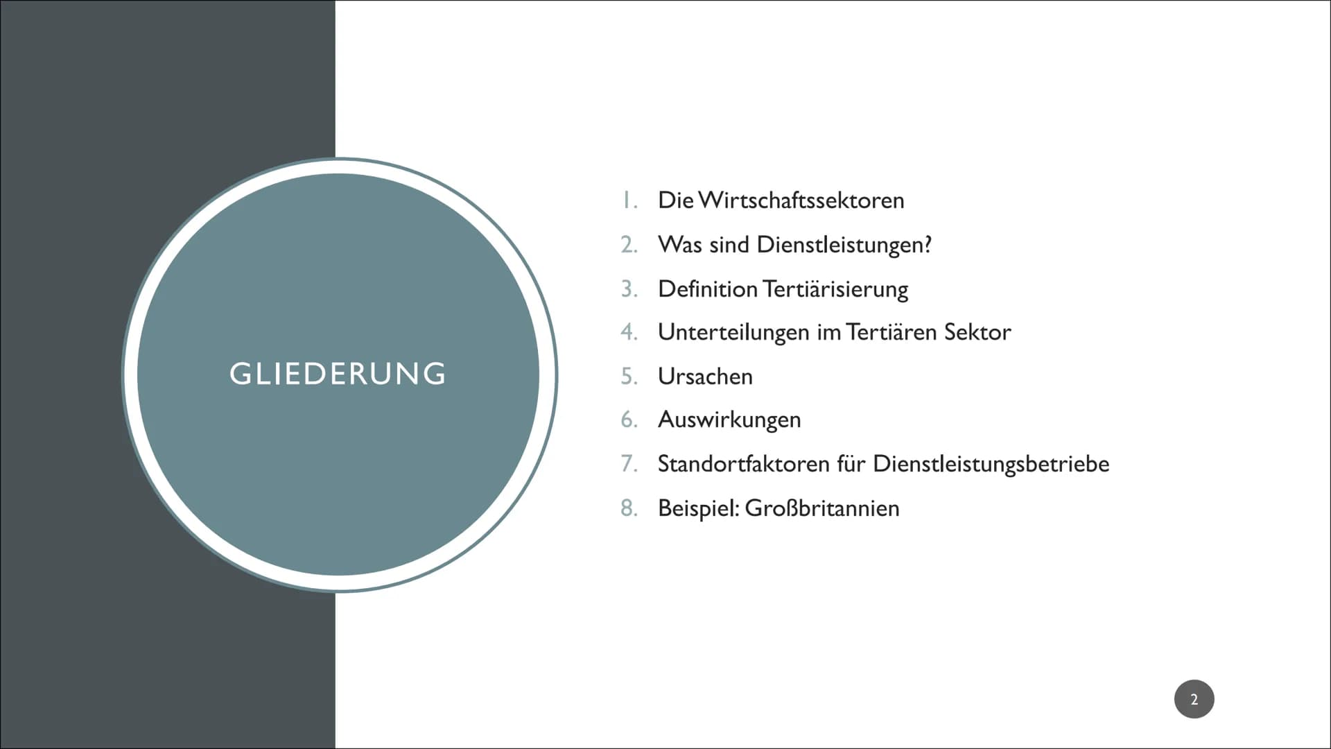 TERTIÄRISIERUNG GLIEDERUNG
1. Die Wirtschaftssektoren
2. Was sind Dienstleistungen?
3. Definition Tertiärisierung
4. Unterteilungen im Terti