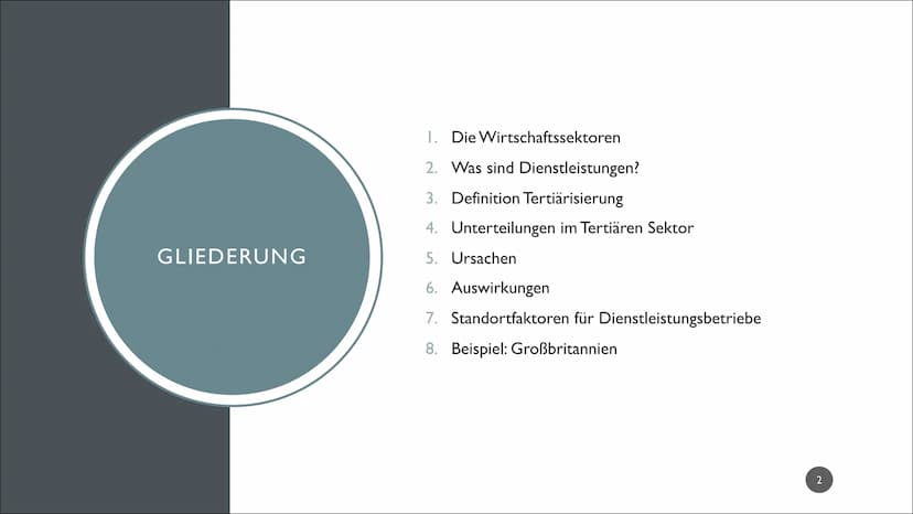TERTIÄRISIERUNG GLIEDERUNG
1. Die Wirtschaftssektoren
2. Was sind Dienstleistungen?
3. Definition Tertiärisierung
4. Unterteilungen im Terti