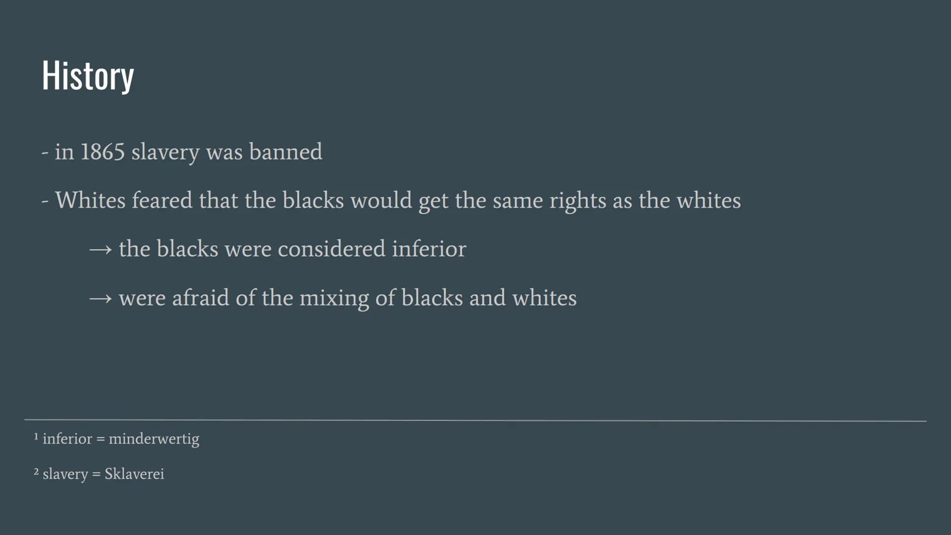 WHITE
COLORED
JIM CROW LAWS
THE LAWS THAT SEPERATED THE US Topics
History
What are the Jim Crow Laws
„Jim Crow"
Impact on African American
R