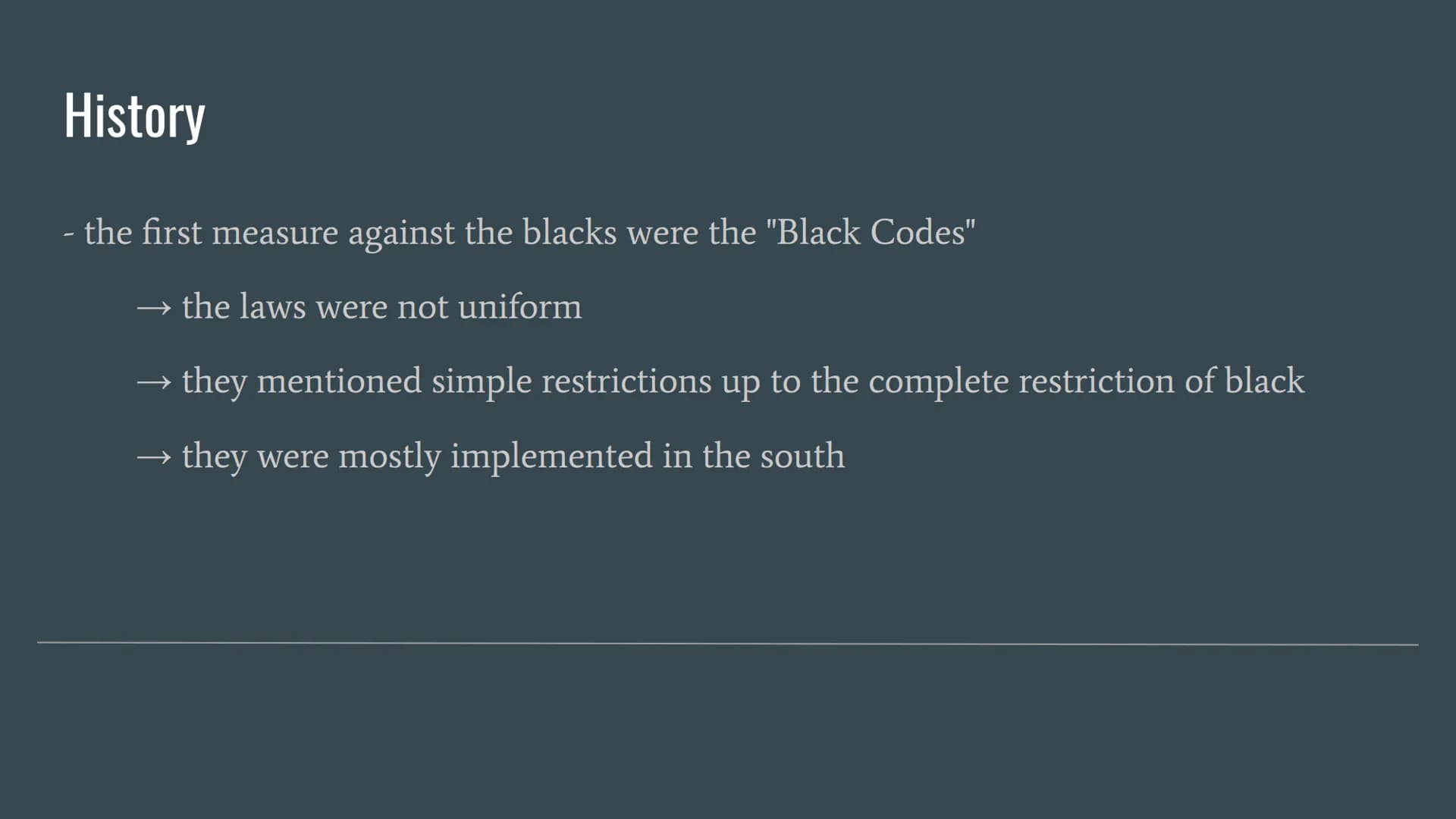 WHITE
COLORED
JIM CROW LAWS
THE LAWS THAT SEPERATED THE US Topics
History
What are the Jim Crow Laws
„Jim Crow"
Impact on African American
R