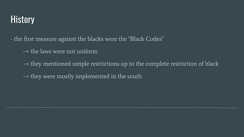 WHITE
COLORED
JIM CROW LAWS
THE LAWS THAT SEPERATED THE US Topics
History
What are the Jim Crow Laws
„Jim Crow"
Impact on African American
R