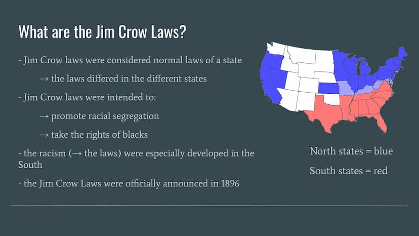 WHITE
COLORED
JIM CROW LAWS
THE LAWS THAT SEPERATED THE US Topics
History
What are the Jim Crow Laws
„Jim Crow"
Impact on African American
R