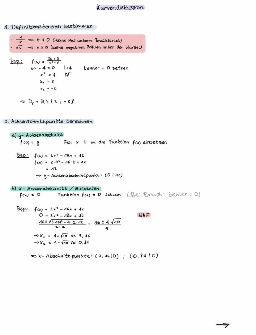 1. Definitionsbereich bestimmen
=> x = 0 (keine Null unterm Bruchstrich)
√x => x = 0 (keine negativen Zahlen unter der Wurzel)
Bsp.:
2x +3
+