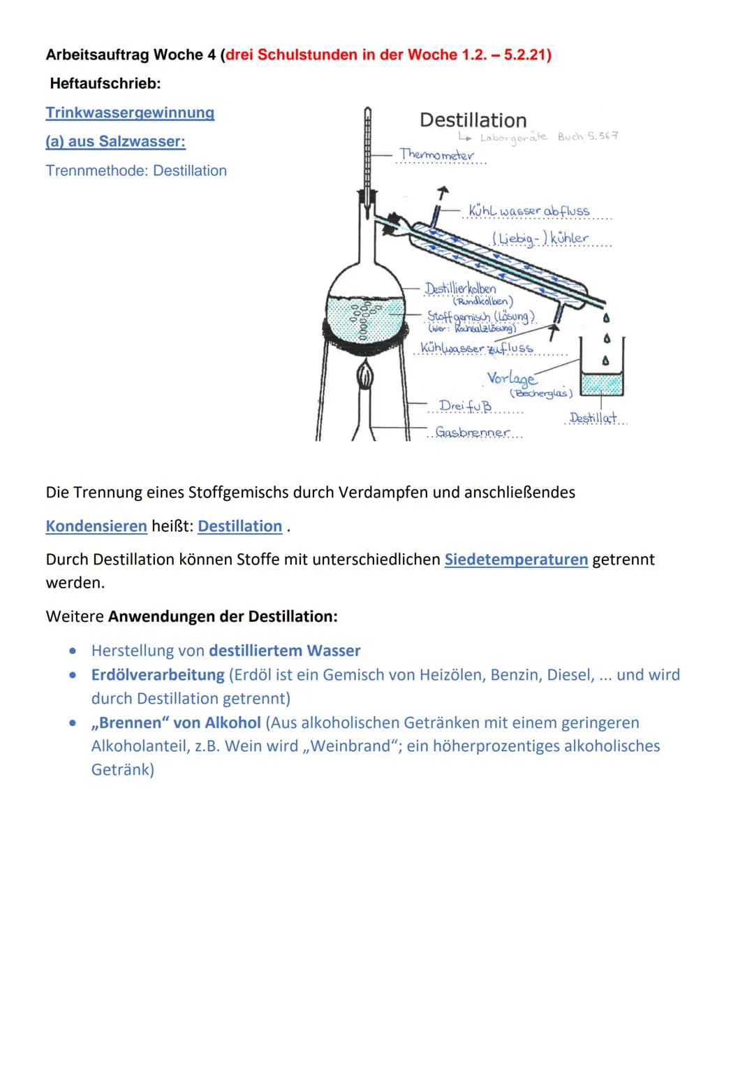 Arbeitsauftrag Woche 4 (drei Schulstunden in der Woche 1.2.-5.2.21)
Heftaufschrieb:
Trinkwassergewinnung
(a) aus Salzwasser:
Trennmethode: D