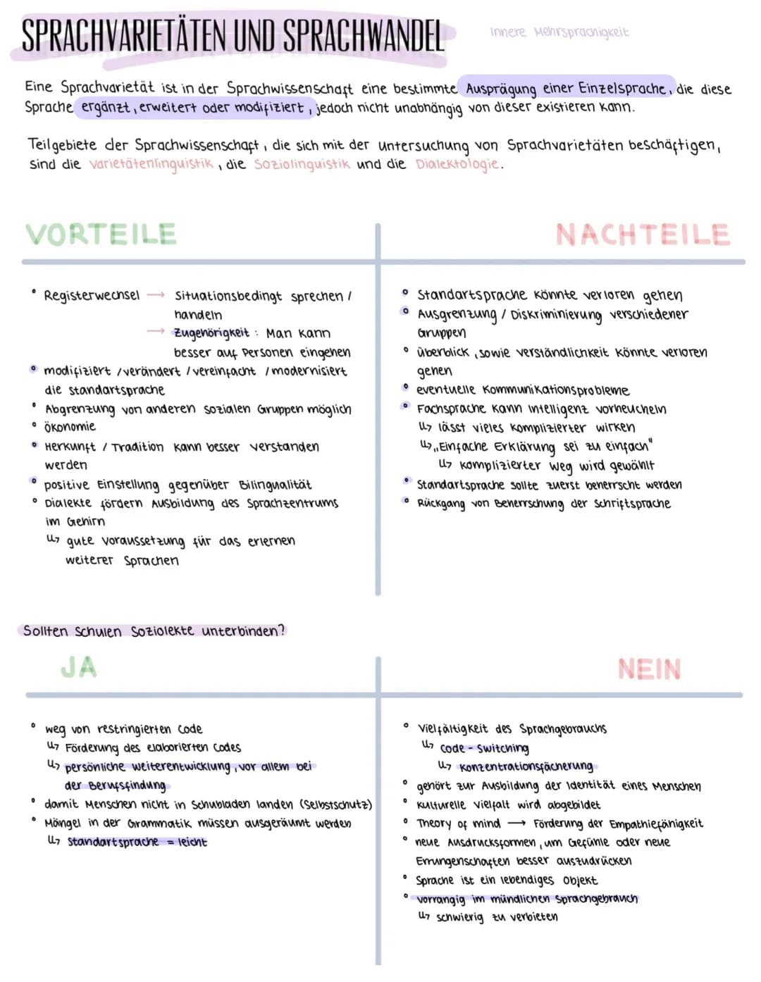 Sprachwandel und Sprachvarietäten
Standardsprache: - (Hochsprache)
Überregional -> Einheit schaffend
Grammatin, Stil, Normen festlegen
Ermög