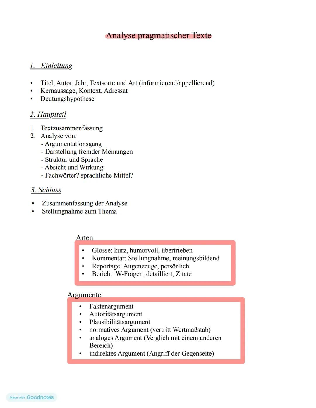 # Analyse pragmatischer Texte

1. Einleitung
*   Titel, Autor, Jahr, Textsorte und Art (informierend/appellierend)
*   Kernaussage, Kontext,