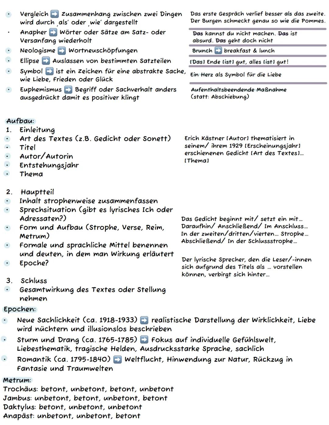 Liebeslyriken analysieren
Talking to the Text:
Alles festhalten was zu Inhalt, Form, Sprache auffällt
knappe Notizen (Fachbegriffe, Deutungs