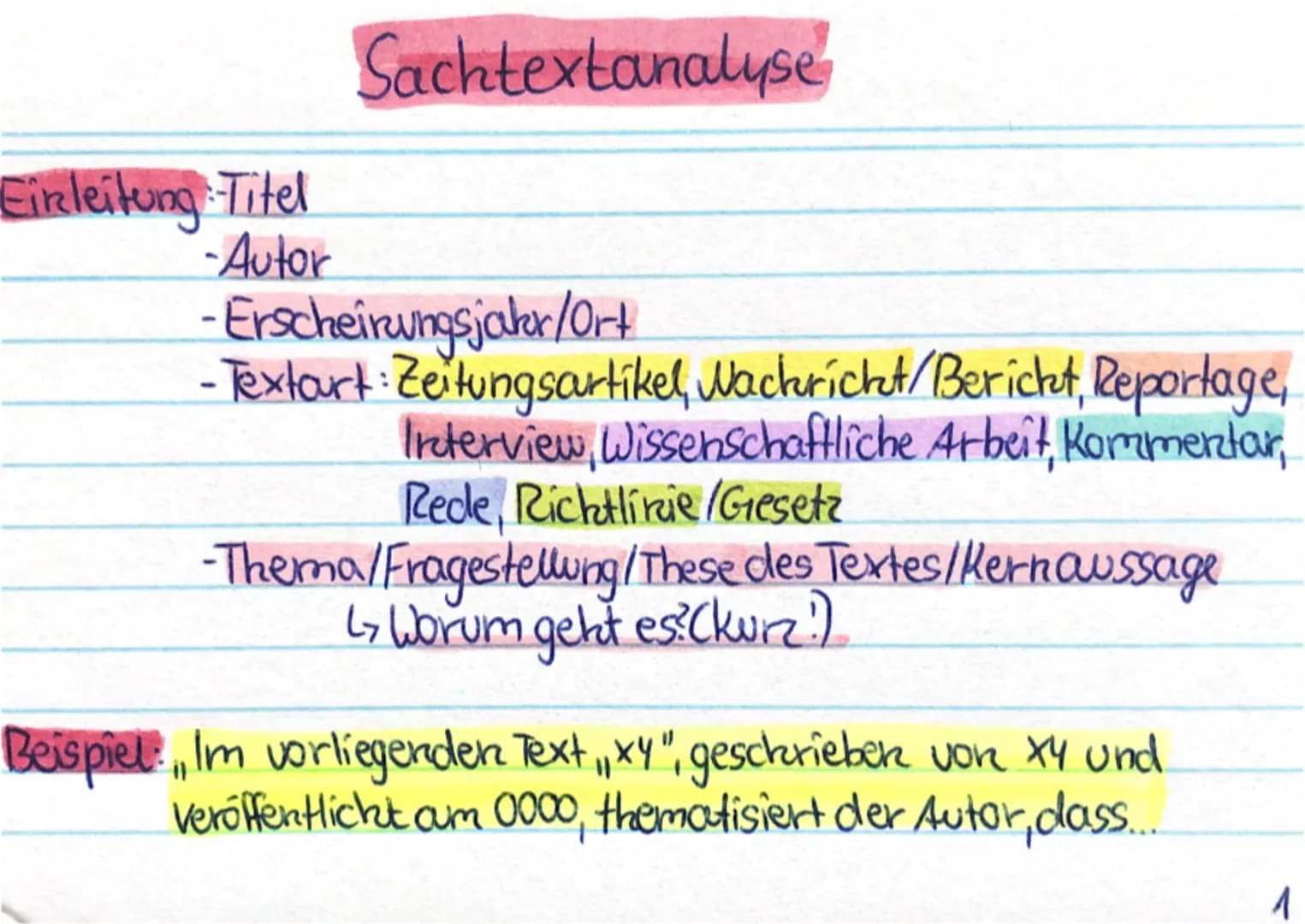 Einleitung Titel
-Autor
Sachtextanalyse
- Erscheinungsjahr/Ort
- Textart: Zeitungsartikel, Nachricht/Bericht, Reportage,
Interview, Wissensc