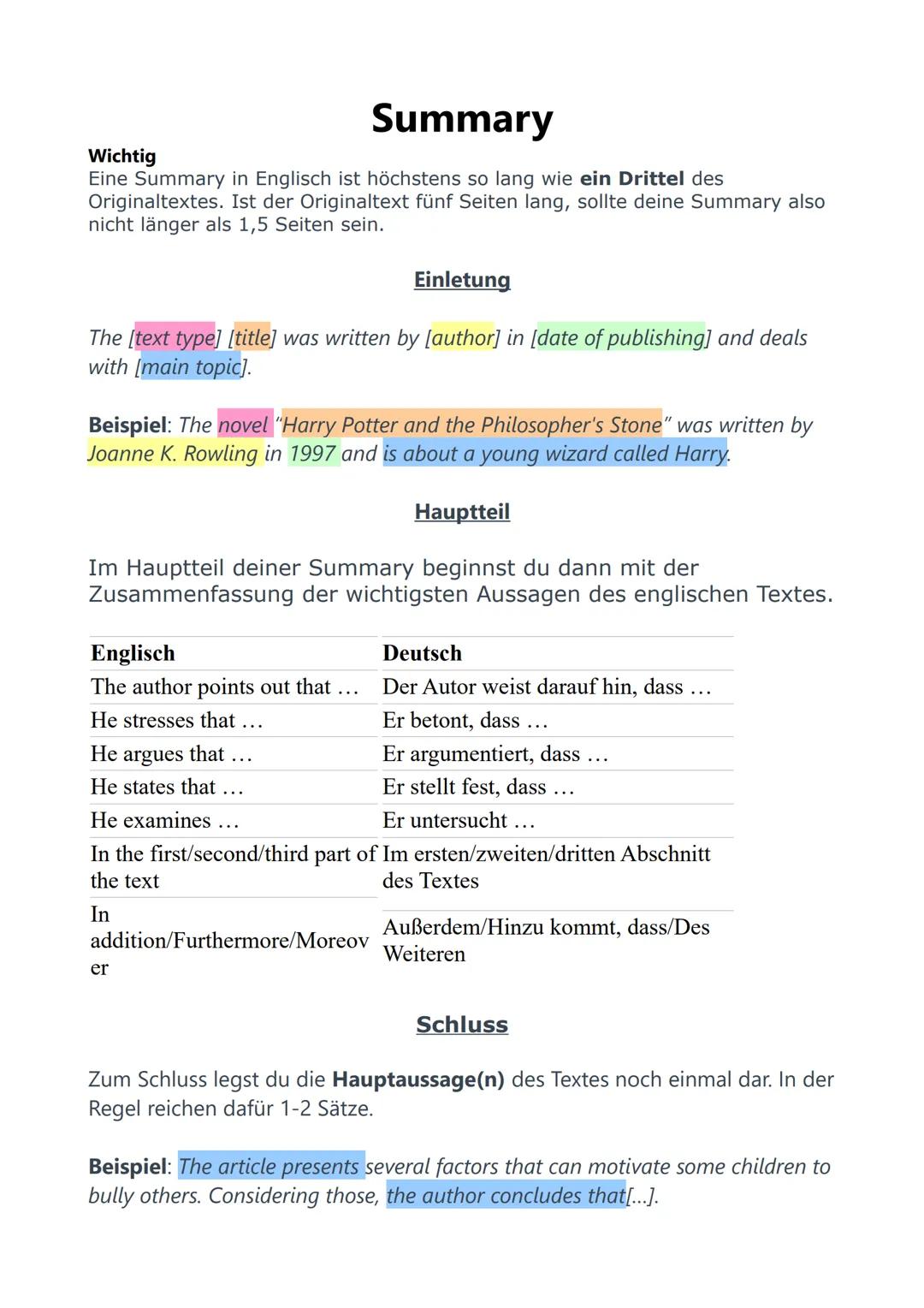 # Summary

Wichtig

Eine Summary in Englisch ist höchstens so lang wie ein Drittel des
Originaltextes. Ist der Originaltext fünf Seiten lang