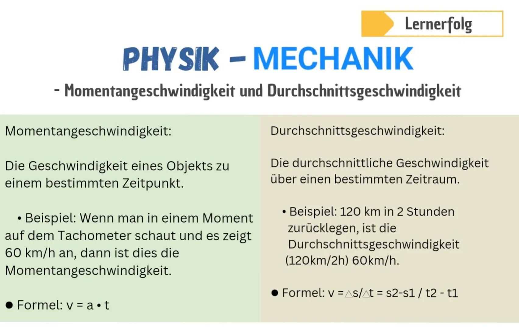 PHYSIK-MECHANIK
- Momentangeschwindigkeit und Durchschnittsgeschwindigkeit
Momentangeschwindigkeit:
Die Geschwindigkeit eines Objekts zu
ein
