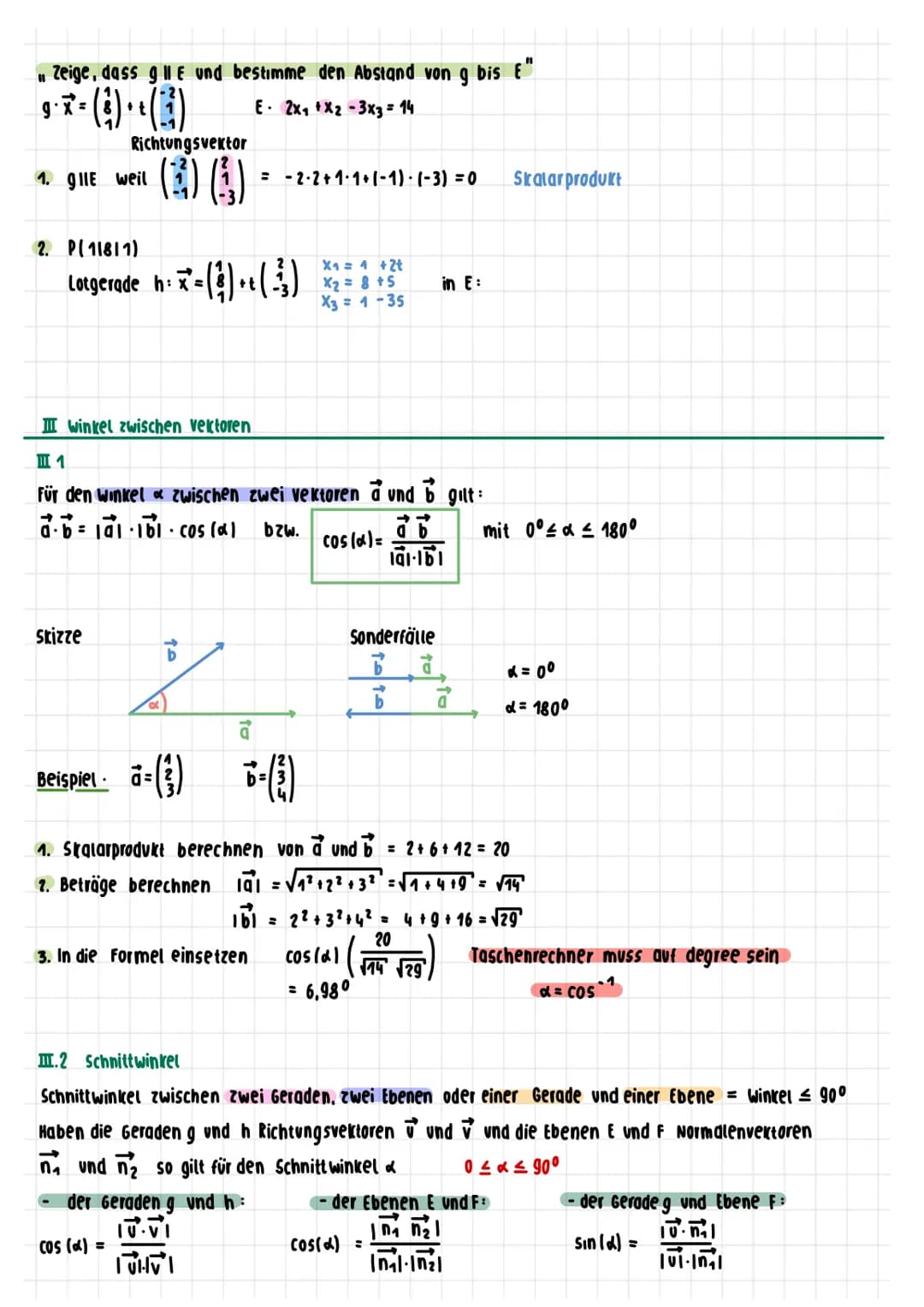 Geraden und Ebenen
Parametergleichung E:
Koordinatengleichung E:
Normalengleichung E:
Skalarprodukt:
Zu den Vektoren a =
Vektoren a und b.
M